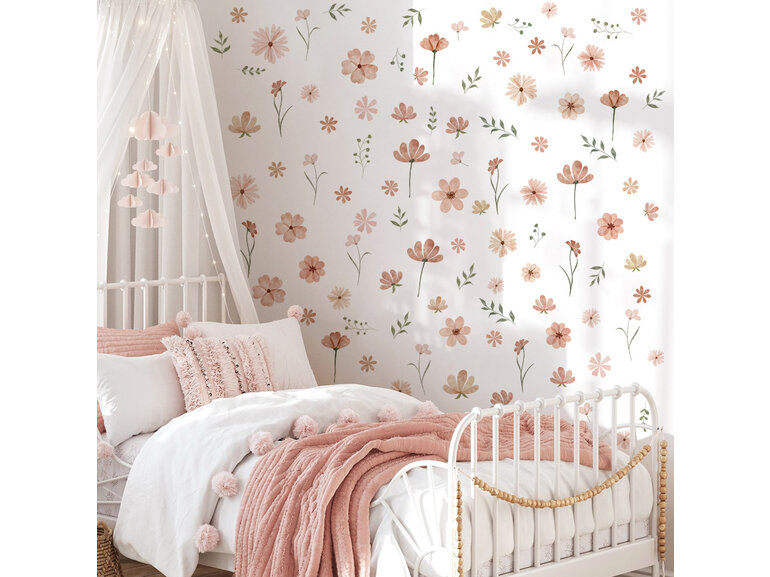 Stickerkamer Muursticker Boho Bloemen zacht roze - waterverf