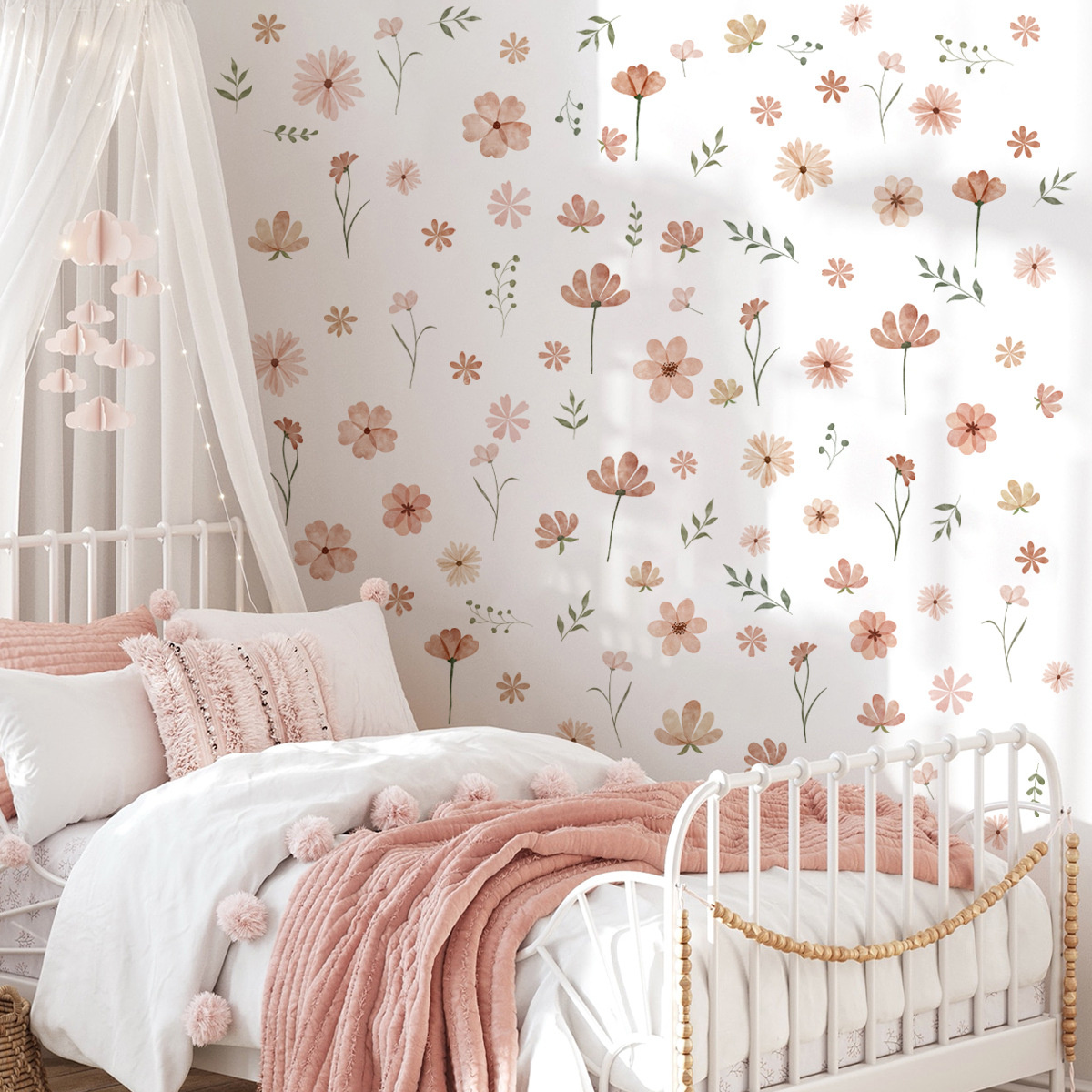 Muursticker Boho Bloemen zacht roze - waterverf
