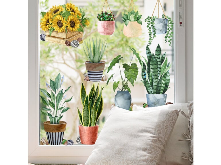 Stickerkamer Statische Raamstickers dubbelzijdig geprint met Groene Planten en Bloemen – Natuurlijke Glasdecoratie voor Ramen en Etalages