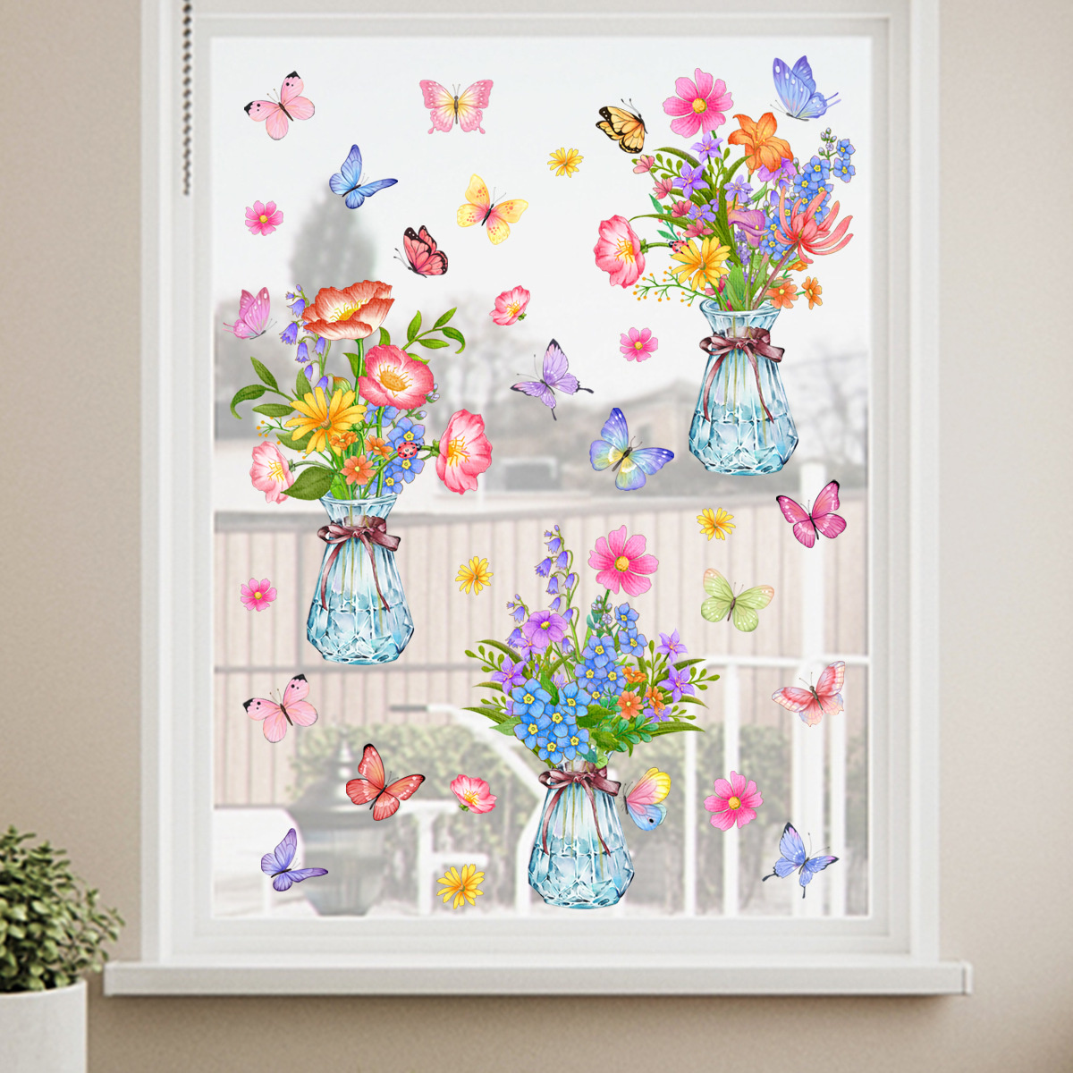 Statische Raamstickers bloempotten dubbelzijdig geprint met Groene Planten en Bloemen – Natuurlijke Glasdecoratie voor Ramen en Etalages