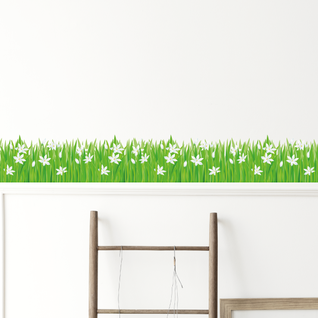 Muursticker gras strook witte bloemen Muursticker gras strook witte bloemen