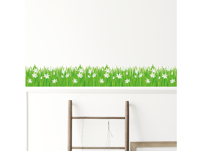 Muursticker gras strook witte bloemen