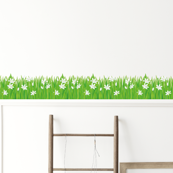 Muursticker gras strook witte bloemen