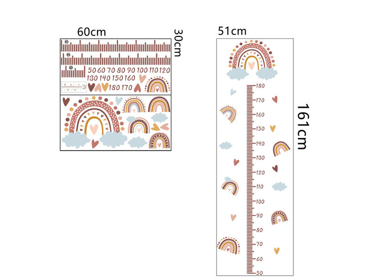 Muursticker groeimeter regenboog en hartjes kinderkamer meisjes