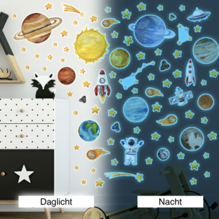 Stickerkamer Glow in the dark muurstickers Ruimte planeten thema set Glow in the dark muurstickers Ruimte planeten thema set