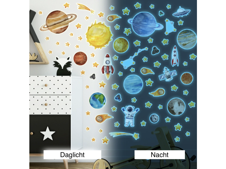 Stickerkamer Glow in the dark muurstickers Ruimte planeten thema