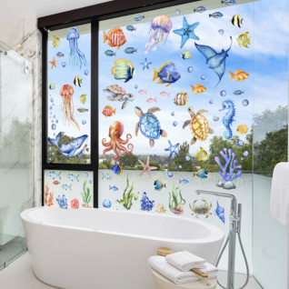 Statische raamstickers onderwaterwereld set met vissen, inktvissen en koraal