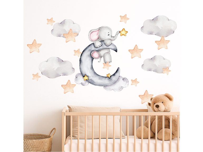 Muursticker dromende olifant op de maan met  sterren – Sprookjesachtige Babykamer Decoratie
