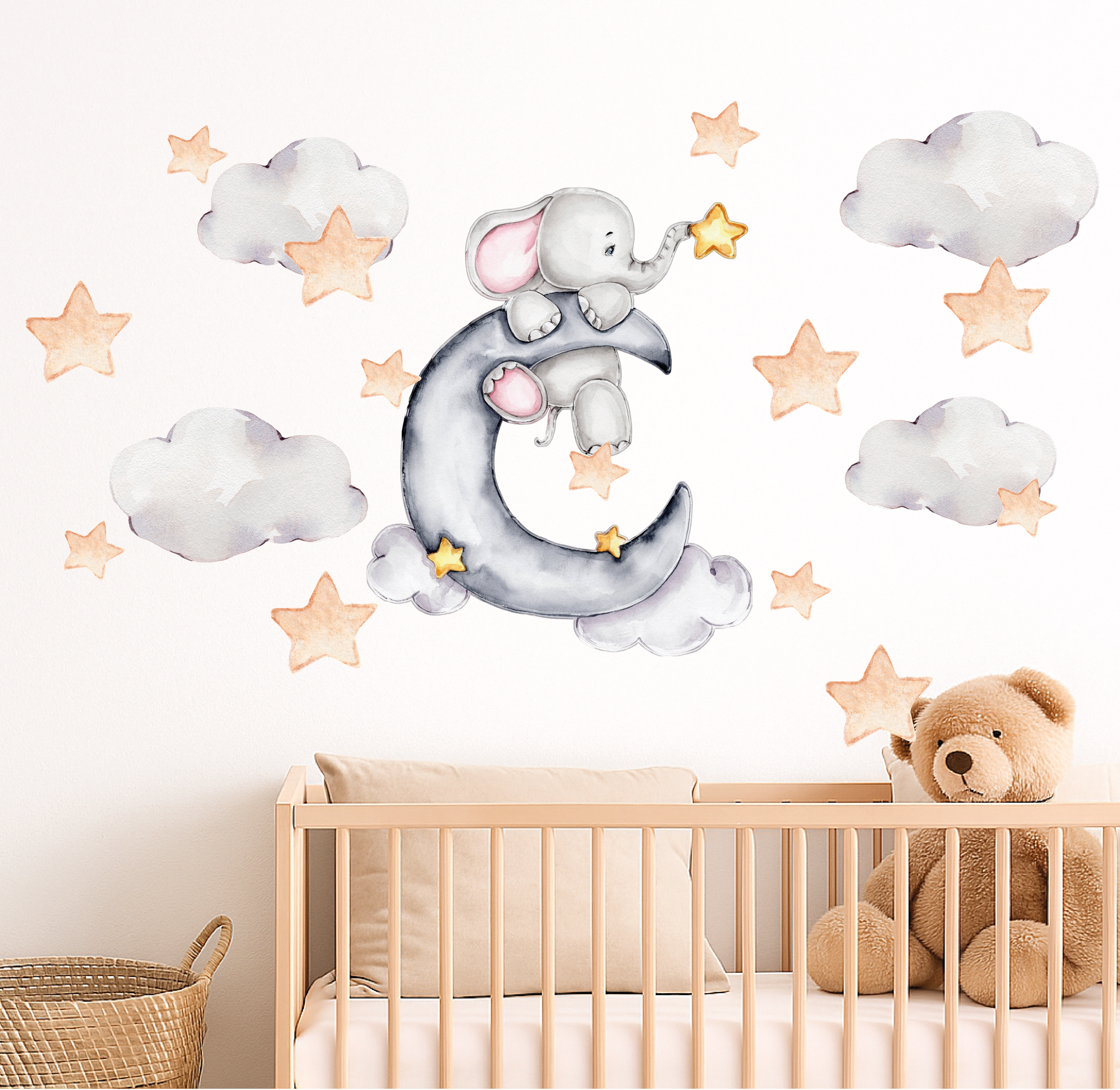 Muursticker dromende olifant op de maan met  sterren – Sprookjesachtige Babykamer Decoratie