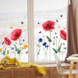 Statische Raamsticker Rode Bloemen & Vlinders – Herbruikbaar Statische Raamsticker Rode Bloemen & Vlinders – Herbruikbaar