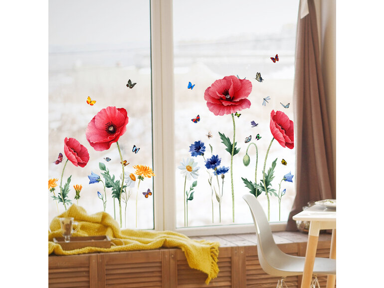Statische Raamsticker Rode Bloemen & Vlinders – Herbruikbaar Statische Raamsticker Rode Bloemen & Vlinders – Herbruikbaar