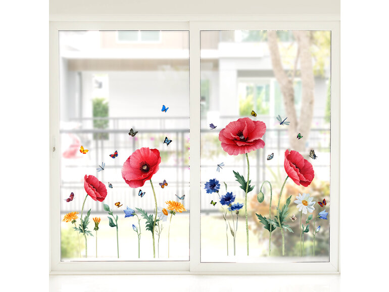 Statische Raamsticker Rode Bloemen & Vlinders – Herbruikbaar Statische Raamsticker Rode Bloemen & Vlinders – Herbruikbaar
