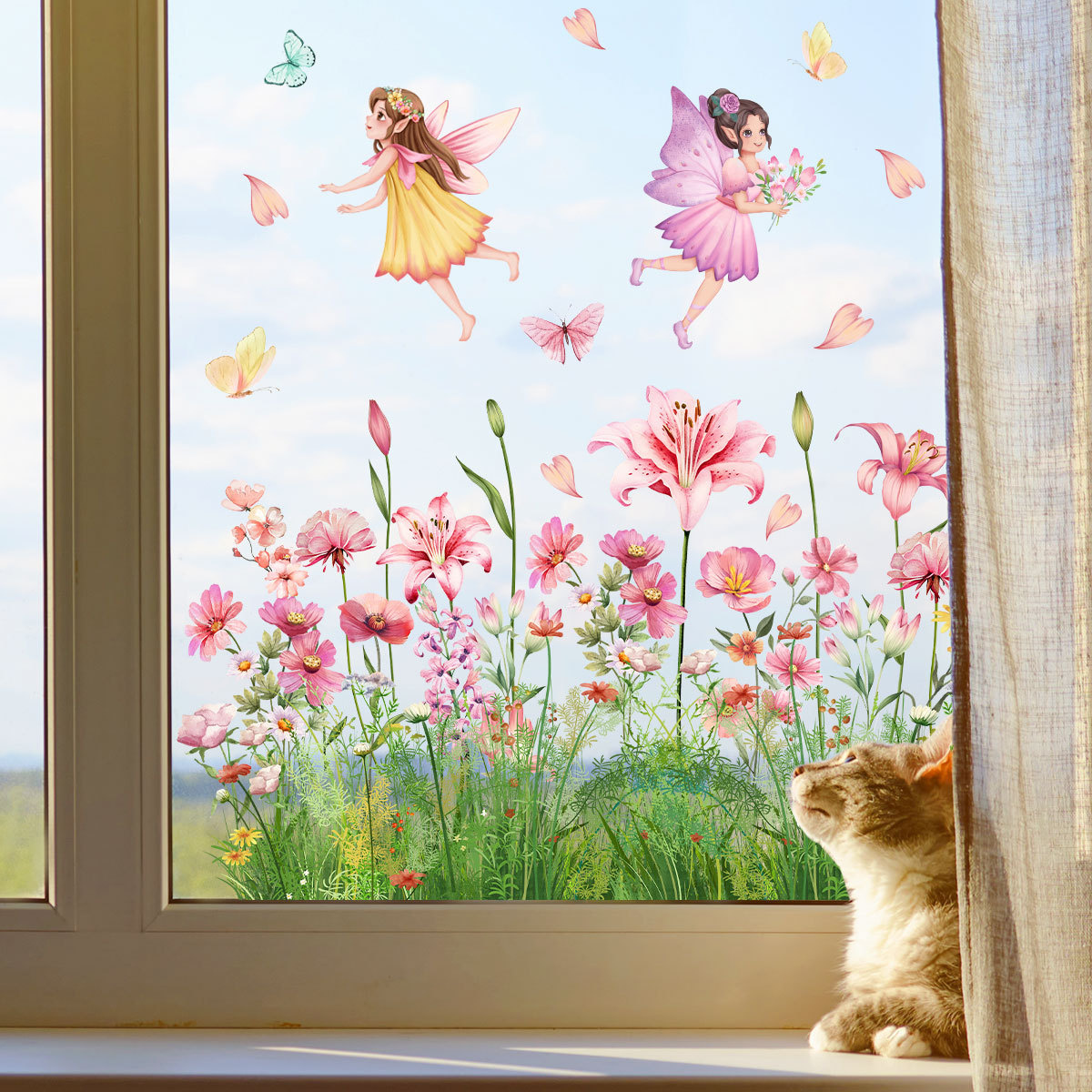 Statische Raamsticker Bloemen & Feeën – Dubbelzijdig Zichtbaar & Herbruikbaar