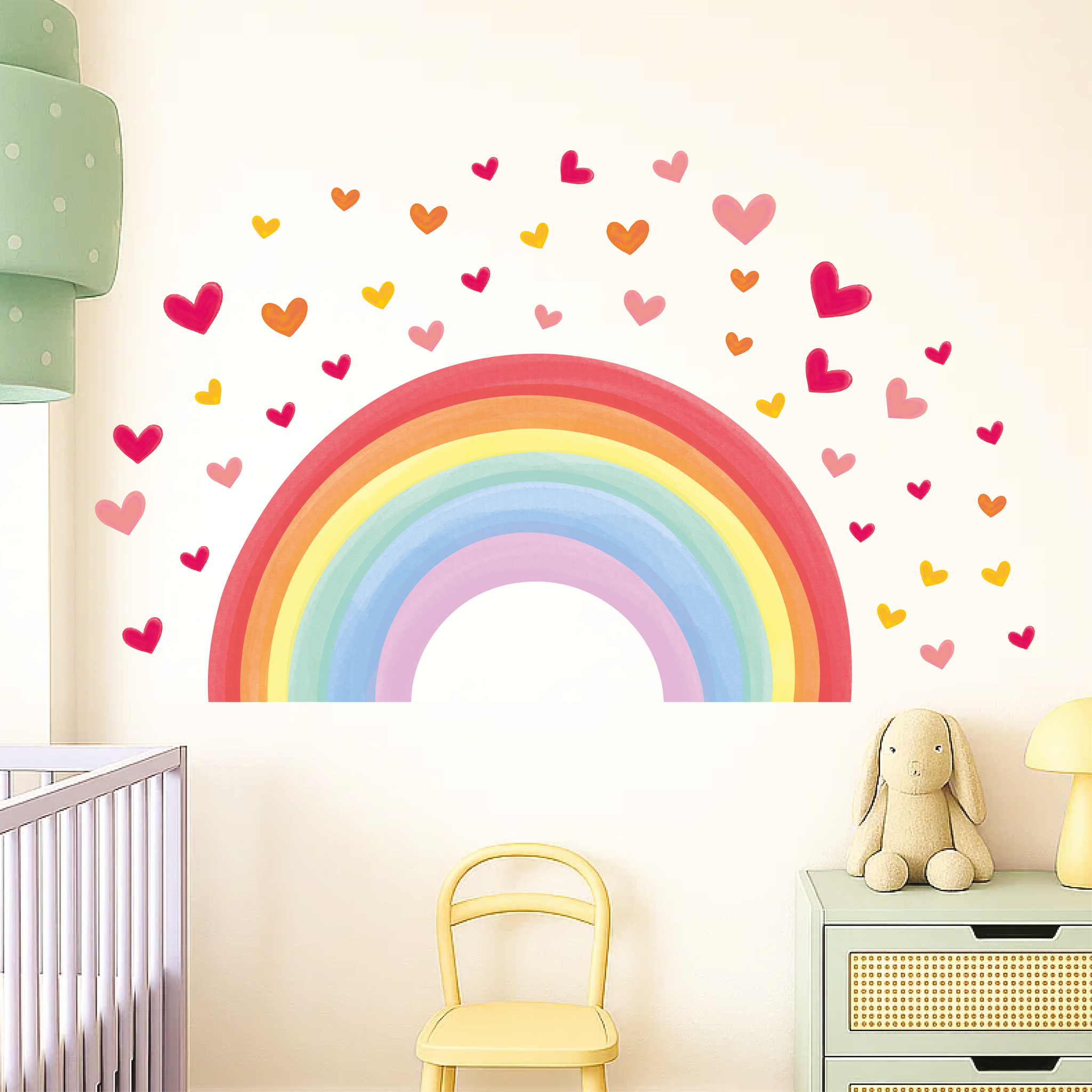 Kinderkamer Muursticker – Regenboog en Hartjes, Zelfklevend