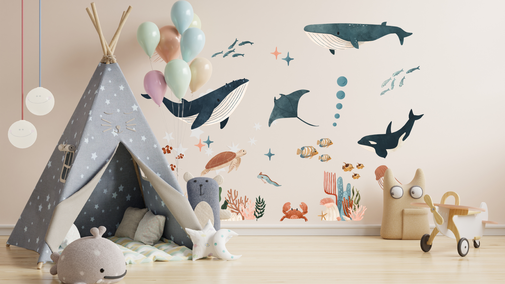 Muursticker kinderkamer – oceaan & zeedieren decoratie | walvis, dolfijn, vissen & koraalrift