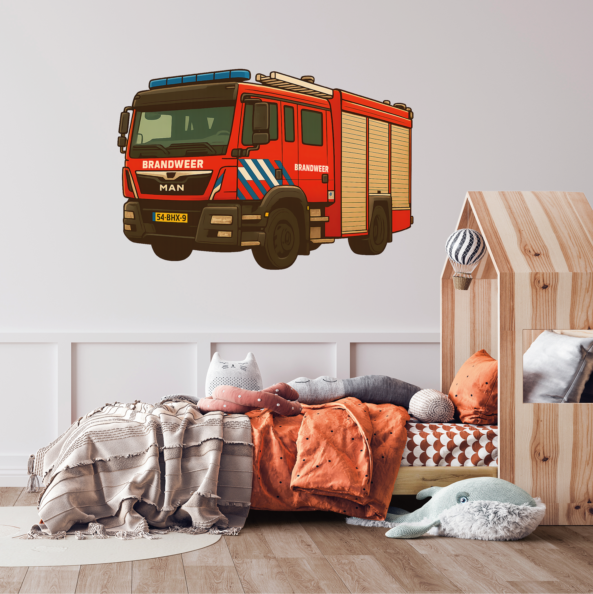 Brandweerwagen Muursticker voor Jongenskamer – Stoere Brandweer Auto Wandsticker voor Kinderkamer, Verwijderbaar & Herbruikbaar – Kinderkamer Decoratie Brandweer Thema