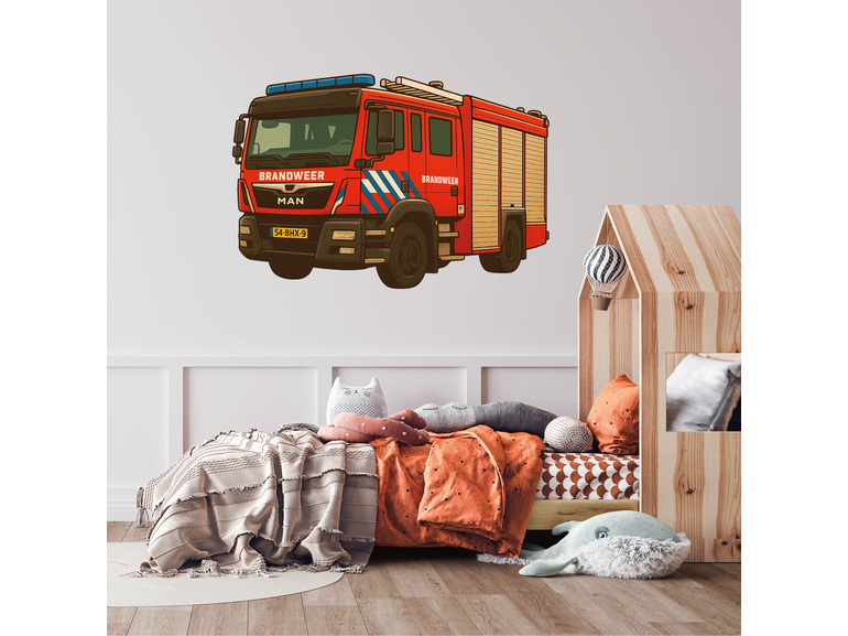 Brandweerwagen Muursticker voor Jongenskamer – Stoere Brandweer Auto Wandsticker voor Kinderkamer, Verwijderbaar & Herbruikbaar – Kinderkamer Decoratie Brandweer Thema