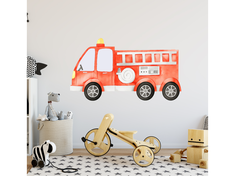 Brandweerauto Muursticker in Waterverf Stijl – Unieke Watercolor Brandweer Wandsticker voor Babykamer of Kinderkamer – Verwijderbare Muurdecoratie voor Jongens en Meisjes