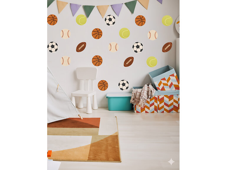 Peel & Stick sport muursticker set – rugbybal, voetbal, tennisbal, honkbal & basketbal – zelfklevende en verwijderbare muurstickers voor kinderkamer & speelkamer decor