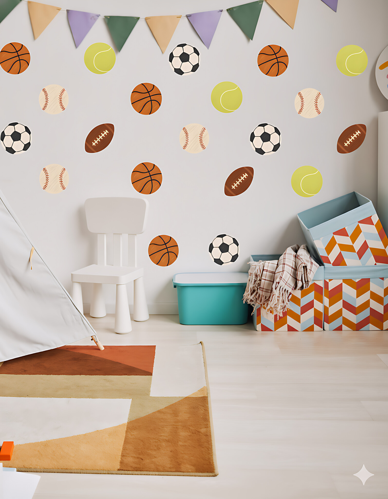 Peel & Stick sport muursticker set – rugbybal, voetbal, tennisbal, honkbal & basketbal – zelfklevende en verwijderbare muurstickers voor kinderkamer & speelkamer decor