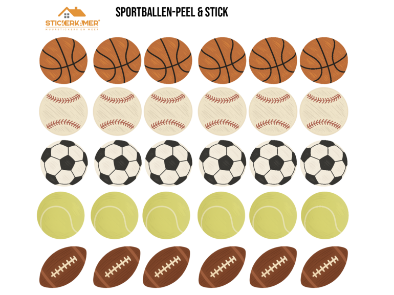 Peel & Stick sport muursticker set – rugbybal, voetbal, tennisbal, honkbal & basketbal – zelfklevende en verwijderbare muurstickers voor kinderkamer & speelkamer decor