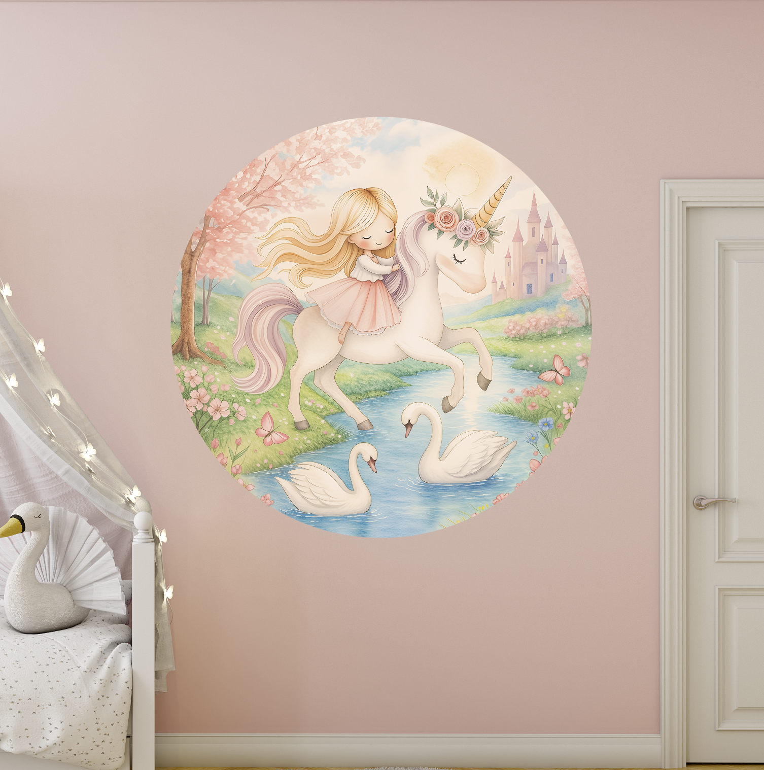 Muursticker eenhoorn met meisje (wandcirkel) – sprookjesbos met prinses & kasteel – voor baby- & kinderkamer