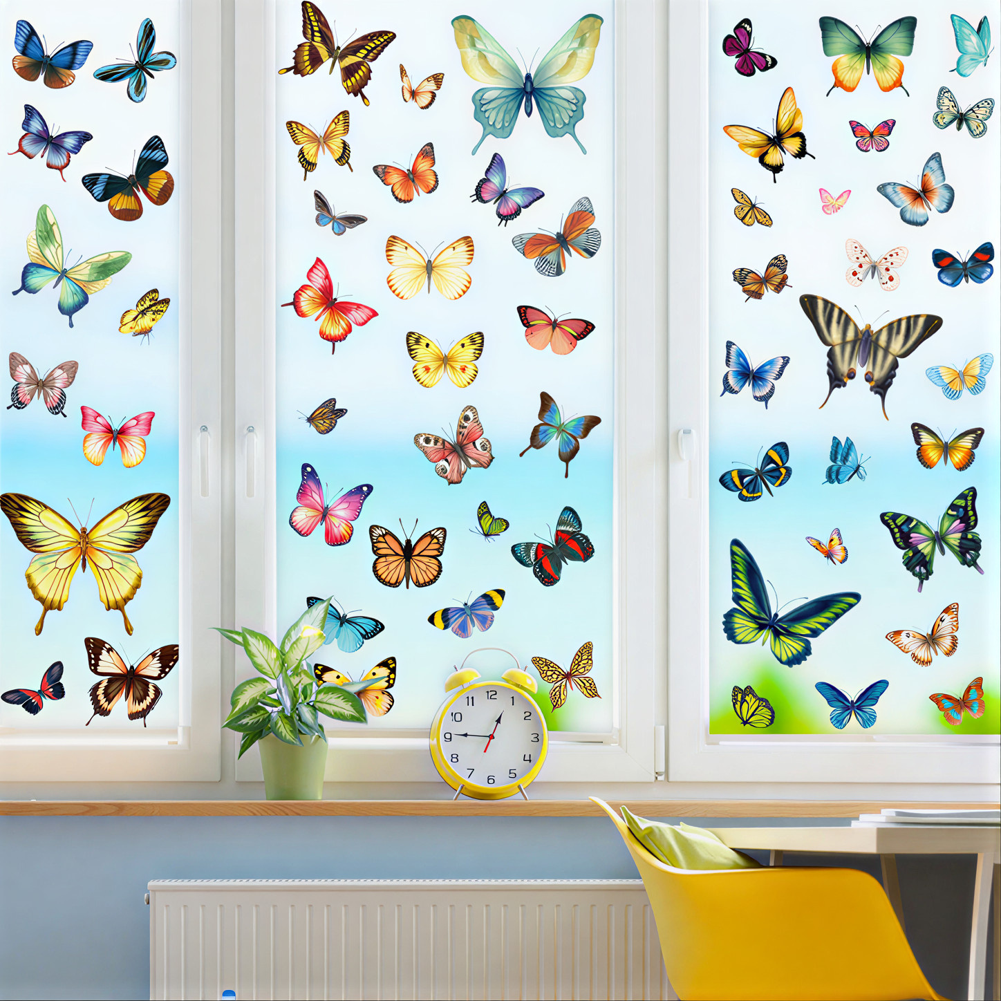 Statische Raamstickers Gekleurde Vlinders – 59 Stuks – Herbruikbaar & Dubbelzijdig Bedrukt – Glasstickers Zonder Lijm