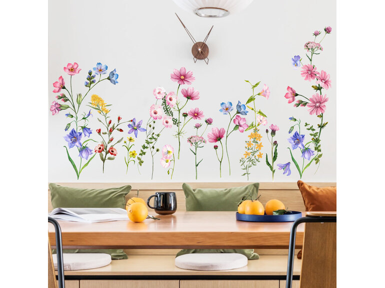 Zelfklevende Muurstickers Kleurrijke Veld- en Tuinbloemen – Herbruikbaar & Eenvoudig Verplaatsbaar – Botanische Muurdecoratie Bloemenmix