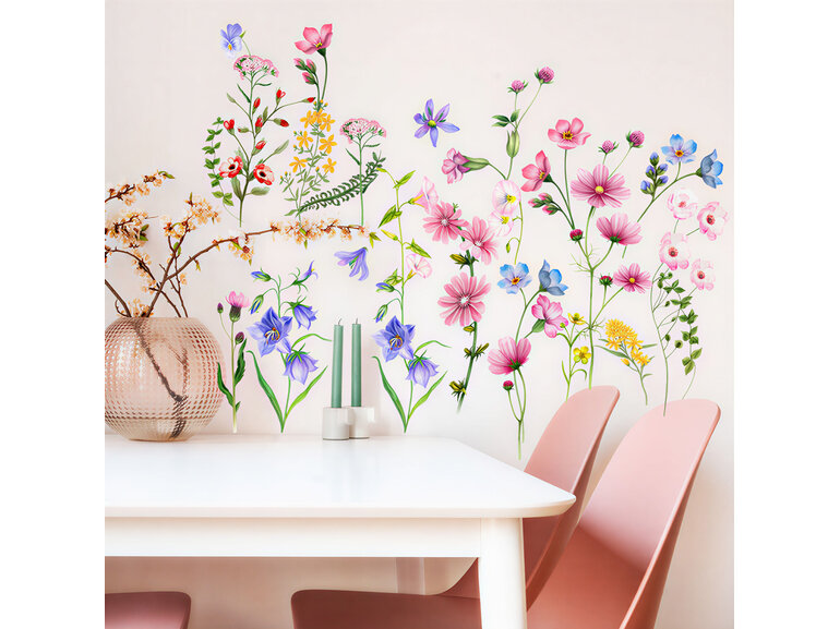Zelfklevende Muurstickers Kleurrijke Veld- en Tuinbloemen – Herbruikbaar & Eenvoudig Verplaatsbaar – Botanische Muurdecoratie Bloemenmix