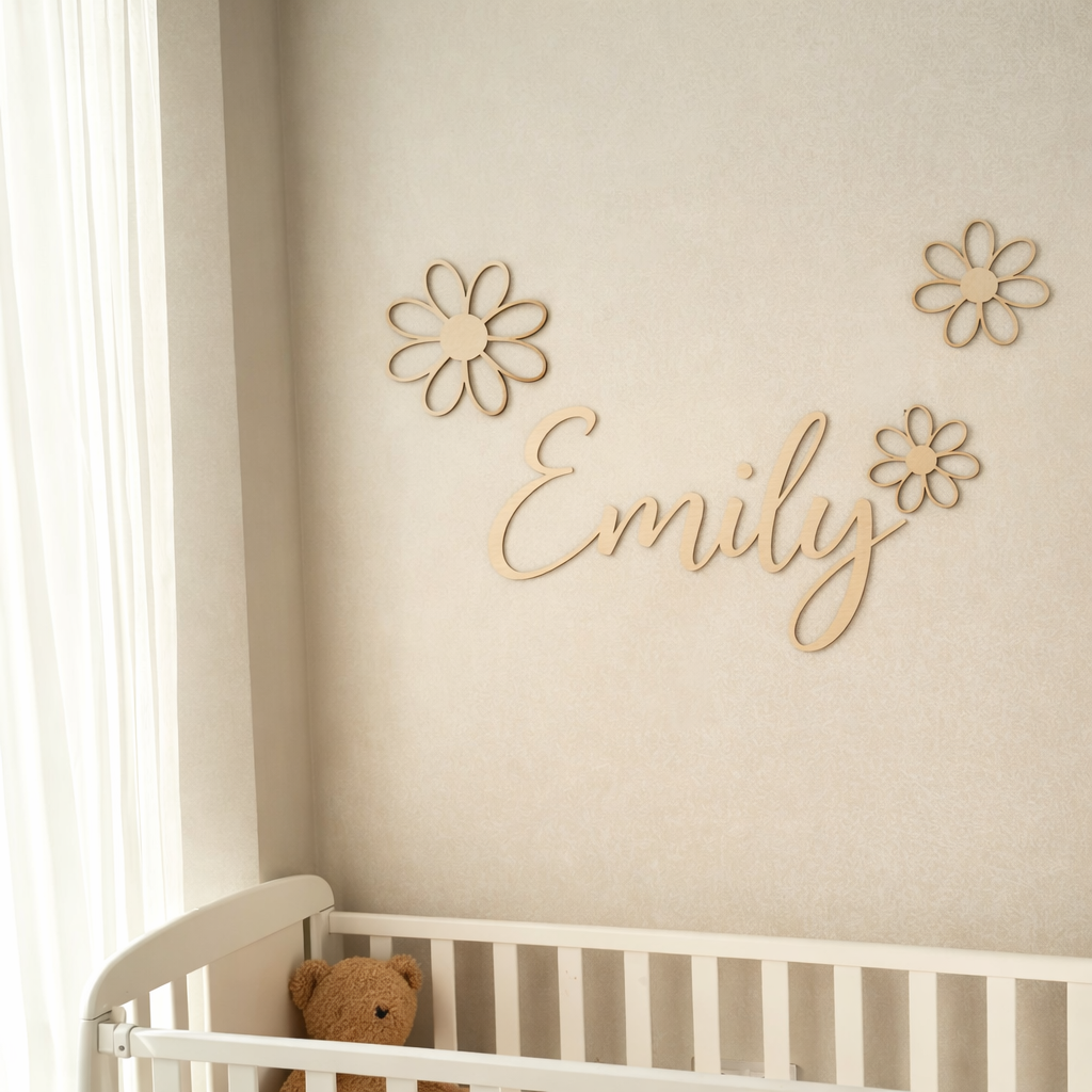 Houten naam met Daisy bloemen voor baby en kinderkamer