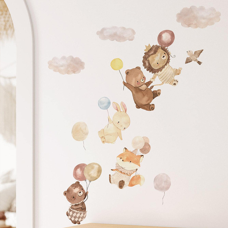 Muursticker voor kinderen met schattige dieren en ballonnen – zachte pastel wanddecoratie voor babykamer & kinderkamer