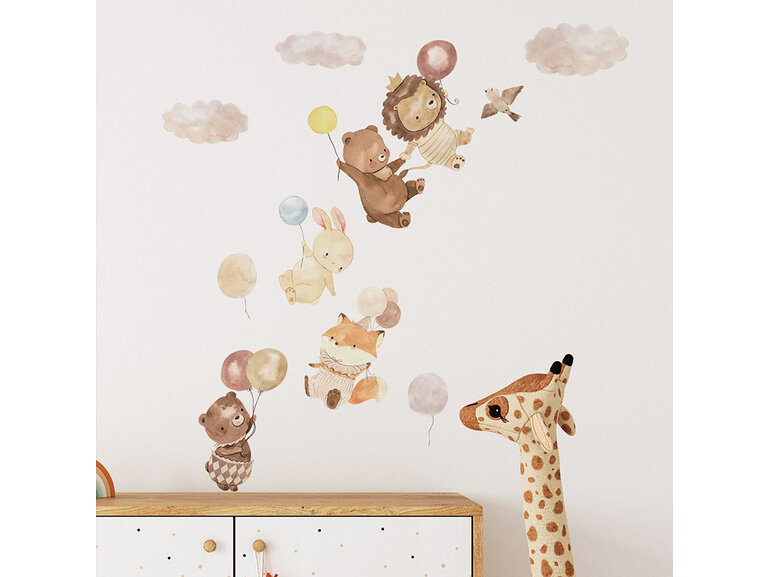 Muursticker voor kinderen met schattige dieren en ballonnen – zachte pastel wanddecoratie voor babykamer & kinderkamer