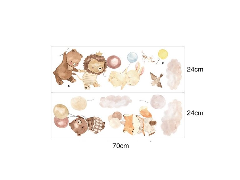 Muursticker voor kinderen met schattige dieren en ballonnen – zachte pastel wanddecoratie voor babykamer & kinderkamer