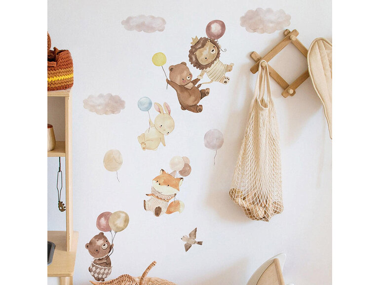 Muursticker voor kinderen met schattige dieren en ballonnen – zachte pastel wanddecoratie voor babykamer & kinderkamer