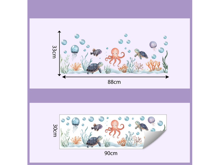 Muursticker voor kinderen met oceaandieren – octopus, schildpad, kwallen en koraal voor babykamer & kinderkamer