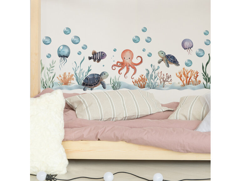 Muursticker voor kinderen met oceaandieren – octopus, schildpad, kwallen en koraal voor babykamer & kinderkamer