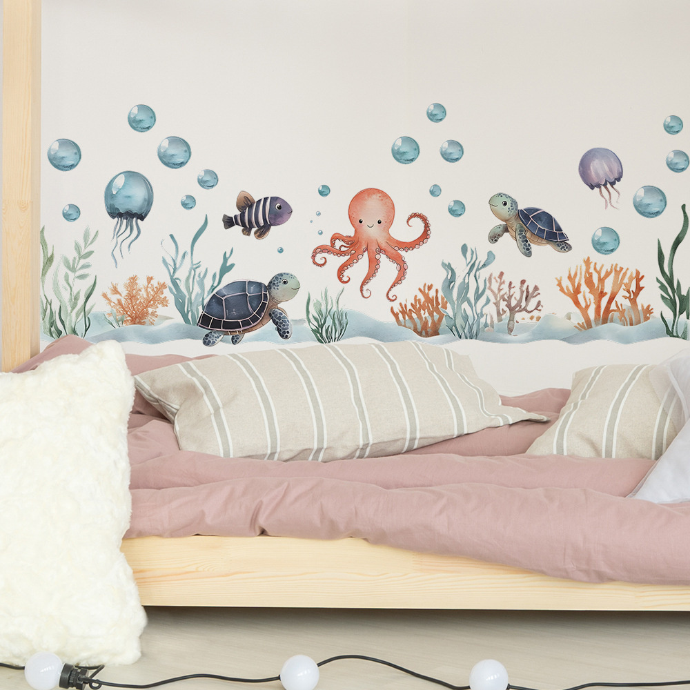 Muursticker voor kinderen met oceaandieren – octopus, schildpad, kwallen en koraal voor babykamer & kinderkamer