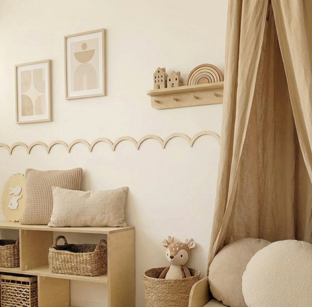 Houten Schelp / Scallop Lambrisering voor baby en kinderkamer