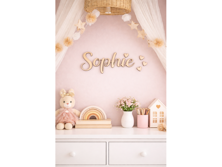 Houten naam met Hartjes voor baby en kinderkamer