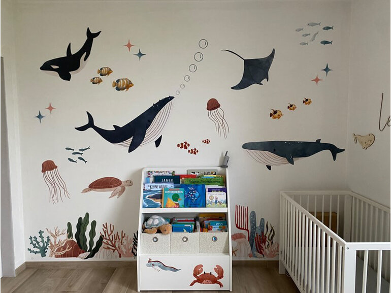 Muursticker kinderkamer – oceaan & zeedieren decoratie | walvis, dolfijn, vissen & koraalrift