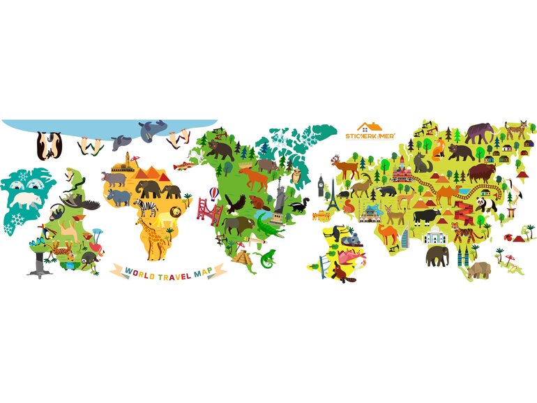 Muursticker wereldkaart kinderkamer beesten en dieren
