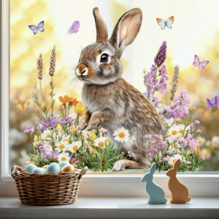 Statische Raamsticker Pasen – Paashaas in Bloemenveld (30x30 cm)