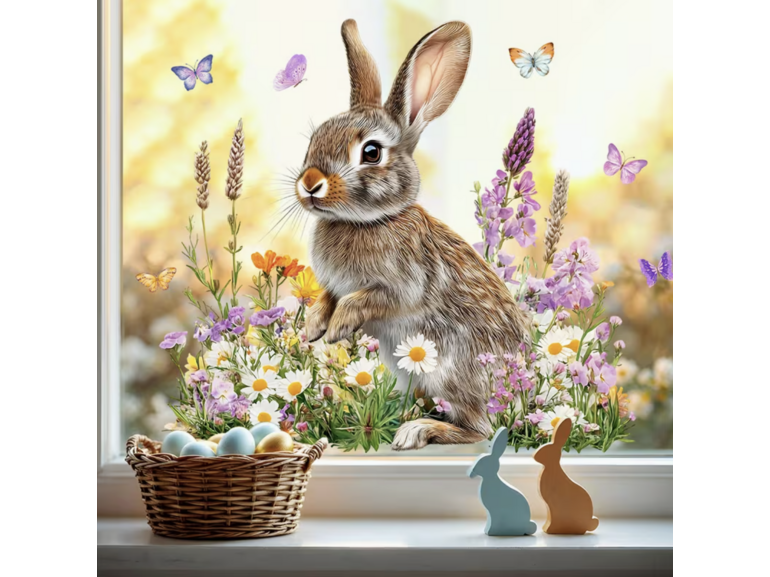 Paas Raamsticker Statisch – Paashaas met Veldbloemen – Herbruikbare Raamdecoratie 30x30 cm