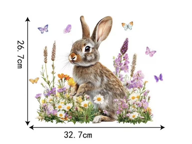 Paas Raamsticker Statisch – Paashaas met Veldbloemen – Herbruikbare Raamdecoratie 30x30 cm