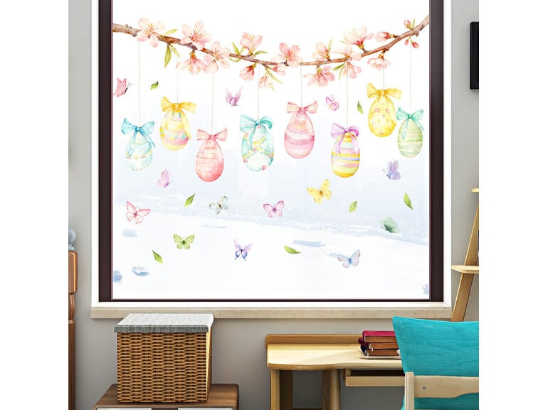 Paas Raamsticker Statisch – Paastak met Hangende Paaseieren & Vlinders – Herbruikbaar – 60x30 cm