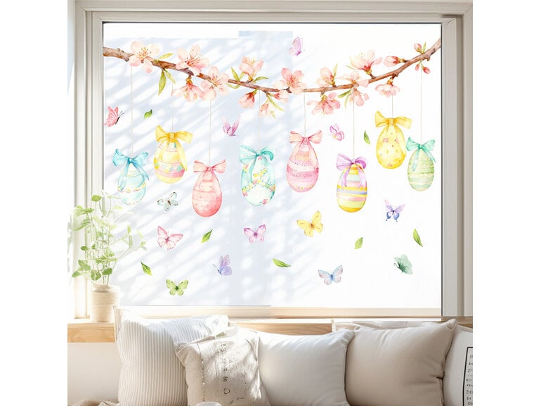 Paas Raamsticker Statisch – Paastak met Hangende Paaseieren & Vlinders – Herbruikbaar – 60x30 cm