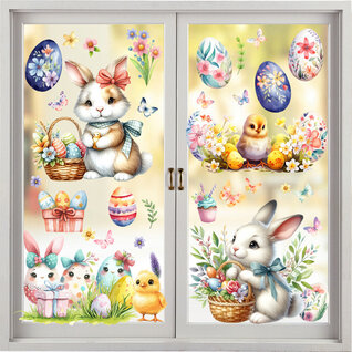 Statische Raamstickers Pasen – Konijnen & Eieren Set (60x40 cm)
