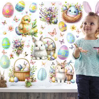 Statische Paas Raamstickers Set Konijn Kuiken Eieren 60x40 cm