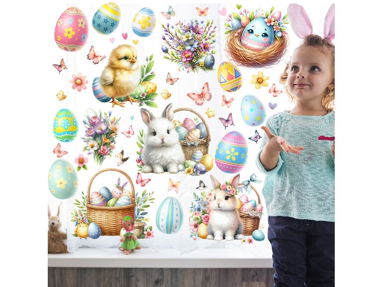 paas raamstickers statisch set 60x40 cm konijn kuiken eieren bloemen