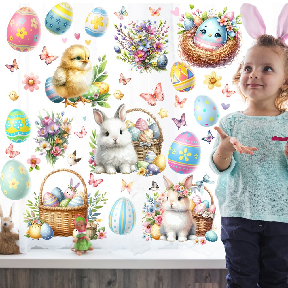 paas raamstickers statisch set 60x40 cm konijn kuiken eieren bloemen